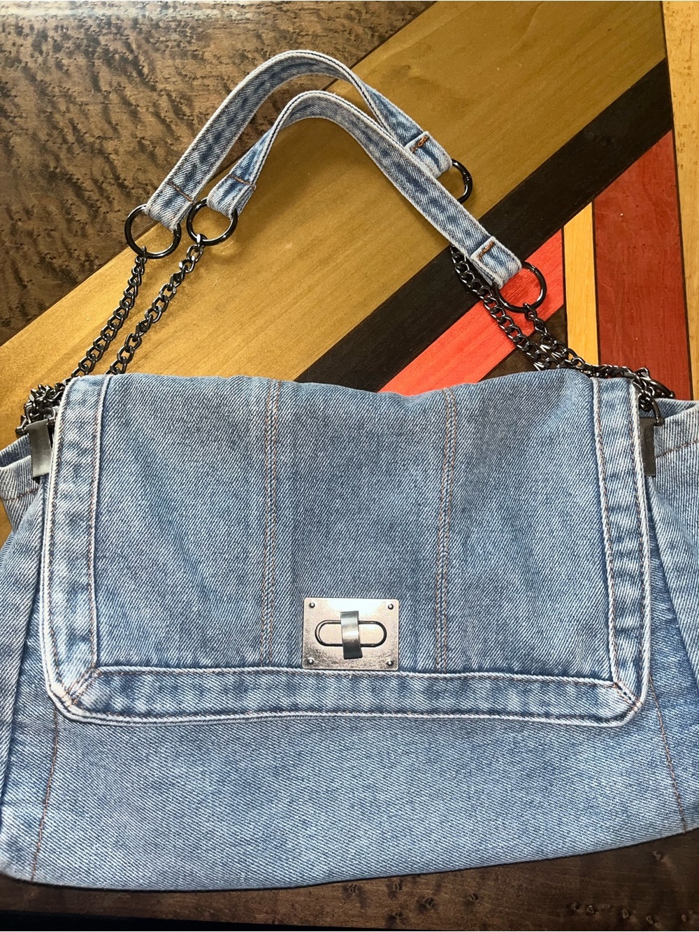 Denim Shoulder Bag with Chain Straps